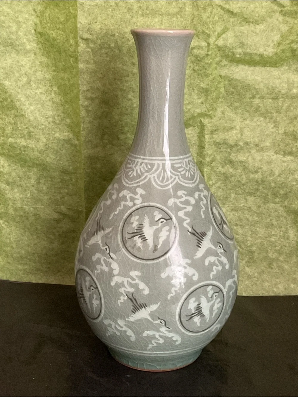 Vintage Celadon Green Crane Vase -9”